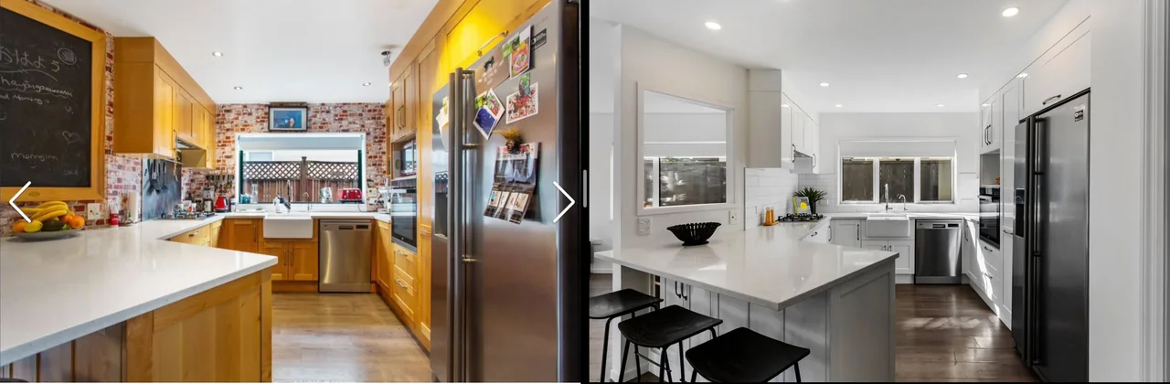Before and after kitchen comparison: original timber cabinetry beside the renovated white kitchen with island